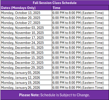 Class Schedule for Fall 2025